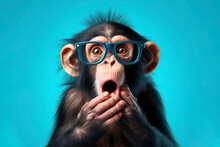 Surprised Chimpanzee Wear Glasses On Bright Blue Background. Ai Generative