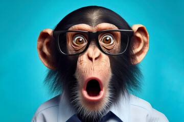 Wall Mural - Surprised chimpanzee wear glasses on bright blue background. ai generative