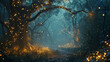 Leinwandbild Motiv A magical forest illuminated by thousands of fireflies, with ancient trees and hidden paths,