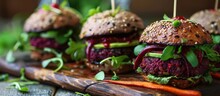 Burgers Made From Vegetable Beets And Carrots, Served With Avocado.