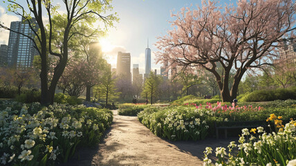 Wall Mural - A sweeping shot of a sprawling city park in early spring with blooming flowers,