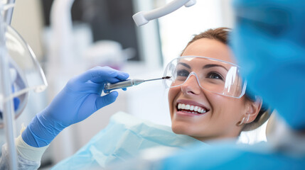 Sticker - Young woman with a bright smile is in a dental chair during an examination