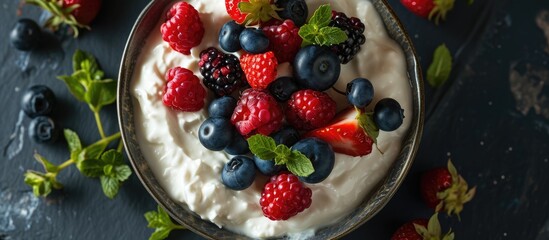 Poster - Homemade white cheese with summer berries in a bowl, viewed from above. Healthy, rich in calcium and protein.