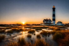 Sunset Over The Lighthouse, Sunrise Bodie Island Lighthouse OBX Outer Banks NC Stock Photo