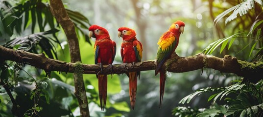 Tropical parrots sitting on a tree branch in the rainforest