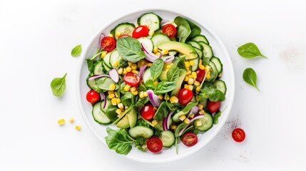 Spring vegan salad. It consists of corn, cherry tomatoes, young spinach, cucumber and radish. The concept of healthy eating. View from above. Photos for menus, food magazines