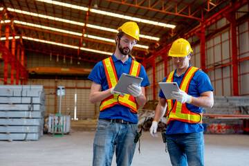 Wall Mural - Two Caucasian technician workers hold tablet and stand together to discuss about work in factory workplace area. Good management in the industrial factory concept.