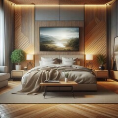 Wall Mural - Modern villa's bedroom features a minimalist design with sleek furniture