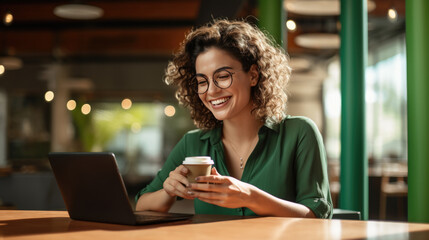 Canvas Print - Cheerful professional woman wearing glasses and a green blouse is sitting at a desk with a laptop and holding coffee cup