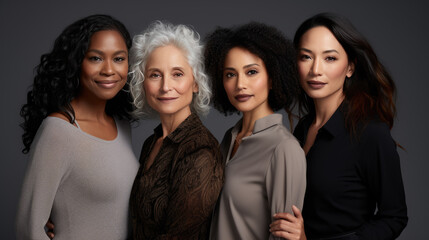 Wall Mural - Group portrait of women of different ages and ethnic backgrounds, smiling and embracing each other, symbolizing diversity and unity.