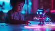 Young Japanese girl in digital playground: Holographic algorithms dance and morph as she interacts with her playful AI buddy, sparking STEM joy on a futuristic toy table.