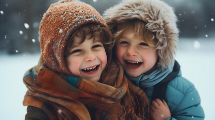 Wall Mural - Two cute and beautiful little boys hugging each other, standing together outdoors in snowy winter weather, wearing jackets with fur and caps. Happy smiling male children, brothers or friends playing