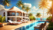 Luxusvilla mit Palmen und Pool am Strand