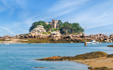 Wall Mural - View of the island of Costaérès with its famous castle (built in 1885), rocky coastline, on the Pink Granite Coast (Côte de Granit Rose). Brittany, France.
