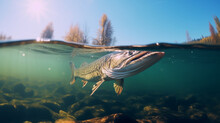 Under Water Looking For Prey Predatory Fish Pike In Habitat. Sport Fishing Concept.