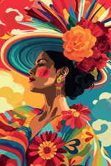 Colombian Woman in Festive Attire with Floral Headdress - Vector Poster