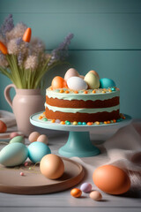 Canvas Print - Homemade carrot cake with cream and nuts and pastel colored sugar eggs.