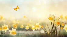 A Delicate Butterfly Soars Above Vibrant Daffodils Against A Luminous, Blurred Natural Background