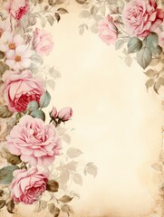  Vintage floral border with pink roses and leaves on a textured cream background, perfect for greeting cards, wedding invitations or vintage decor