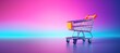 Generative AI, shopping cart on neon gradient background, 80s and 90s style, minimalistic shop online, free delivery, discounts and sale concept.