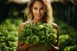 Girl gardener grows lettuce. A young girl with a smile holds a salad in her hands. fitness, diet, get fit, slim body concept. loose weight after giving birth. fresh,green salad leaves.