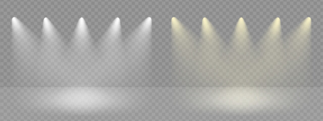 Poster - Spotlight illuminated stage background. White rays of floodlight, ies lamp beam set. Festive warm rays on transparent background