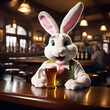 Ein weißer Osterhase sitzt in einer Bar und prostet mit einem Bier in die Kamera. Ostergruß