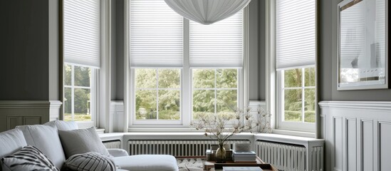 Wall Mural - Extra large pleated blinds in white, featuring a 50mm fold, showcased in the window opening. Contemporary top down bottom up privacy shades for apartment windows.