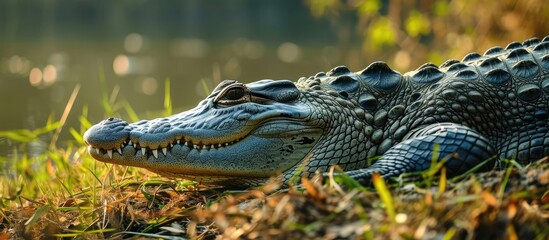 Wall Mural - Crocodile in Sundarban, West Bengal, India, on grass.