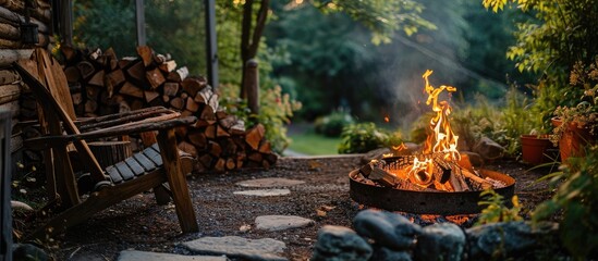 Wall Mural - Outdoor fire pit with woodpile in the distance