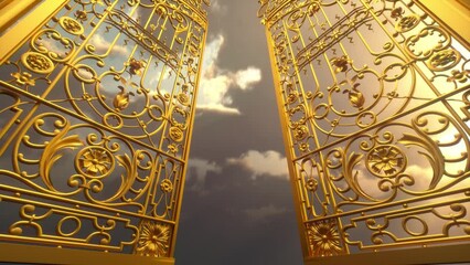 Wall Mural - Golden gate to heaven. The gate opens against the background of a colorful sky. Forward movement. 3D Video Animation 4K