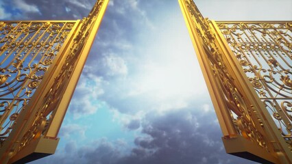 Wall Mural - Golden gate to heaven. The gate opens against the background of a colorful sky. Forward movement. 3D Video Animation 4K