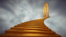 Golden Staircase To The Gate Opening Against The Colorful Sky. Staircase To The Top. The Soul Moves To Heaven. 3D Video Animation 4K