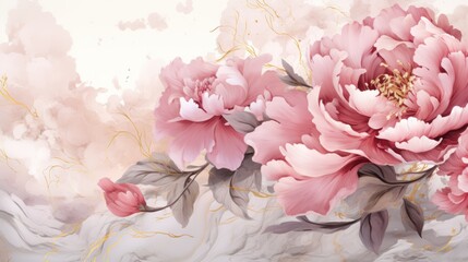 Wall Mural -  a painting of pink peonies on a white and pink background with a gold line work in the middle of the image.