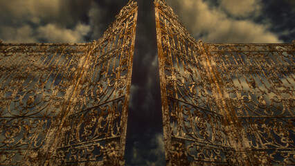 Wall Mural - Old rusty gate to hell. The gate open against a dark, gloomy sky. Devil portal. 3D render