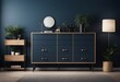 Chest of drawers in living room interior dark blue wall mock up background 3D render