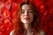 Portrait of a beautiful young red-haired woman in front of a red background with geometric shapes.