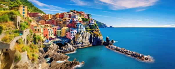 Wall Mural - Panoramatic view of colorfull town, coast in  Cinque Terre, Liguria, Italy. Sunny day. Generative ai