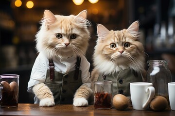 Cat baristas standing in bar counter in cafe. Colorful coffee shop. Small startup business owner concept.