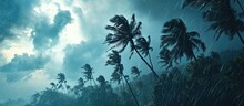 Stormy Tropical Season With Swirling Cyclones, Coconut Palms Shaken By Violent Winds, And Ominous Dark Clouds.
