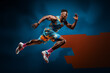 African-American sprinter athlete wearing a bright graphic uniform on a blue and red background.
