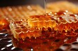 Honeycomb with flowing honey syrup background. Honey Flat lay. Top view. Flat lay