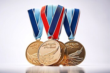 Set of gold medals with ribbons on white background close-up. Medals for winners of Olympiads, world championships, competitions and international sports events