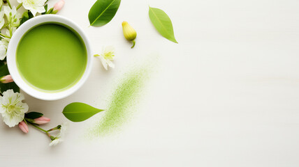Wall Mural - cup of green tea with matcha tea powder on light background