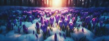 Purple Crocuses Emerging From Under Snow In Early Spring Closeup With Room For Text, Banner