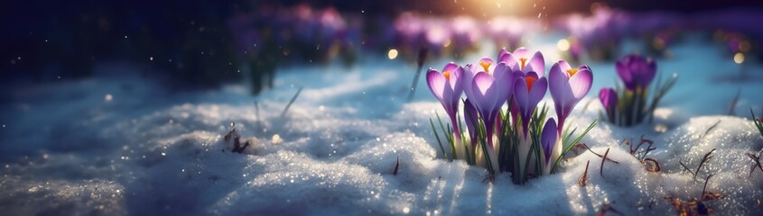 Wall Mural - Crocuses yellow grow in the garden under the snow on a spring sunny day. banner