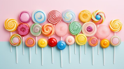 Poster -  a group of lollipops sitting on top of each other on top of a blue and pink surface.