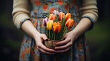 Young Woman Hands Holding Tulip Flower Posy, Idea For Women's Rights Concept Support And International Women's Day, Feeling Of Devotion And Compassion, Background Wallpaper, Generative Ai