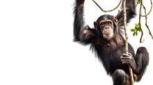 A Chimpanzee Ape Hanging On A Tree Branch Isolated On A White Background
