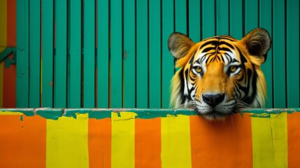 Wall Mural - Generative AI image of a Tigris looking behind a colorful fence a green wall behind it